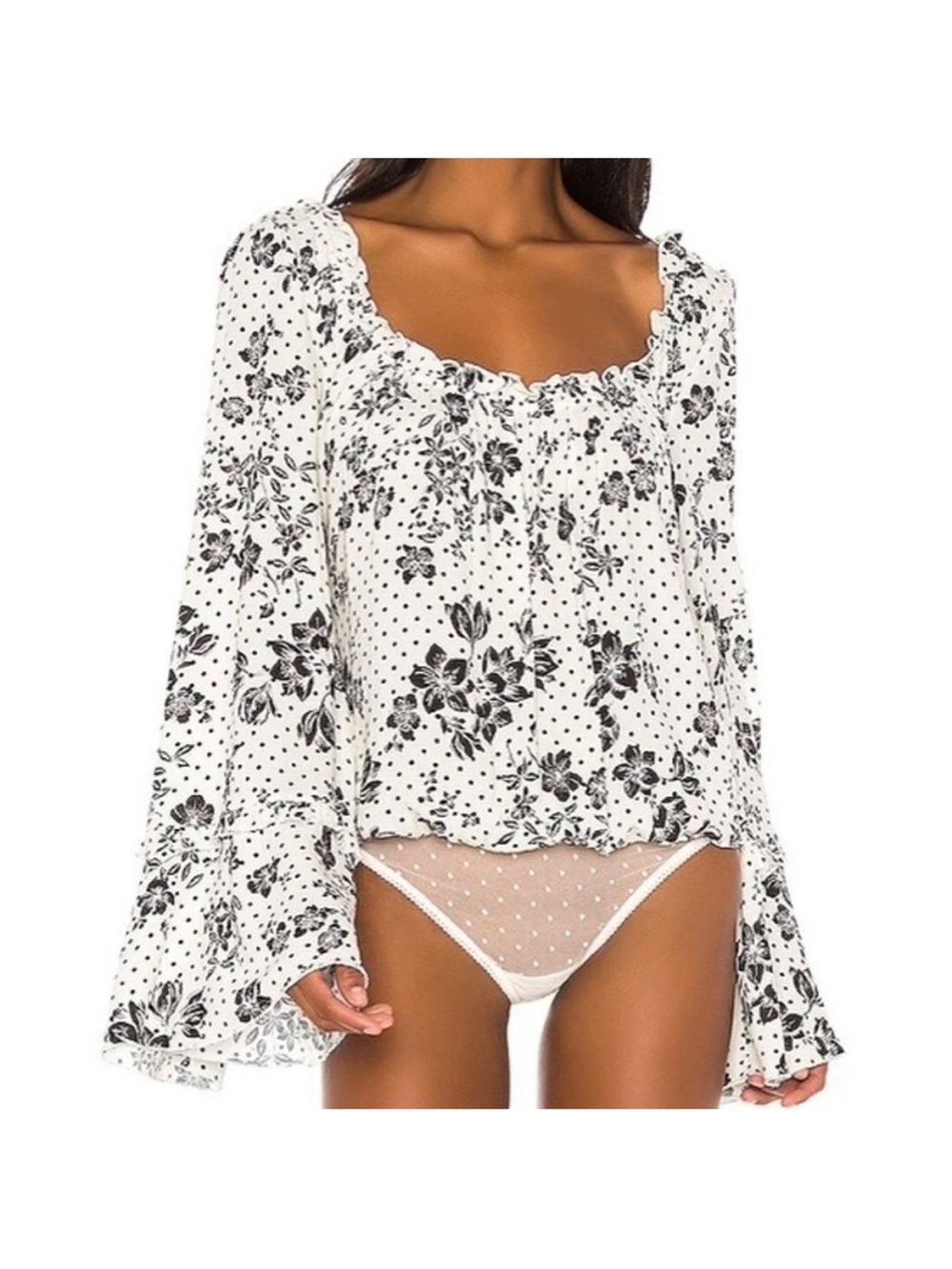 Intimately Free People White and Black Floral Square-Neck Peasant Blouse